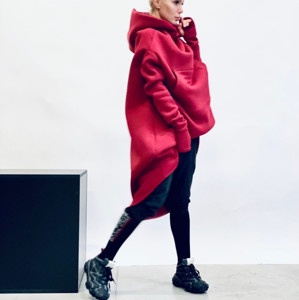 AAKASHA Tuck Front Maxi Asymmetric  Longline Hoodie Dress Thumbholes Burgundy S